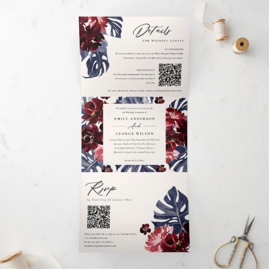 Boho Navy Maroon Monstera Floral 2 QR Code Hochzei Dreifach Gefaltete Einladung (Innenseite)
