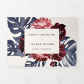 Boho Navy Maroon Monstera Floral QR Code Hochzeit Dreifach Gefaltete Einladung (Cover)
