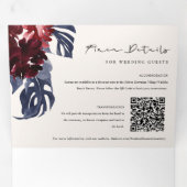 Boho Navy Maroon Monstera Floral QR Code Hochzeit Dreifach Gefaltete Einladung (Innen Erste Seite)