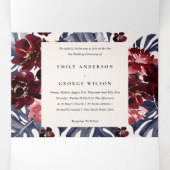 Boho Navy Maroon Monstera Floral QR Code Hochzeit Dreifach Gefaltete Einladung (Innenseite Mitte)