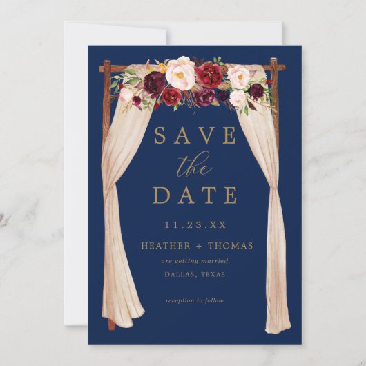 Boho Navy Marsala Blume Arch Gold Floral Save The Date (Vorderseite)