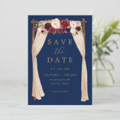 Boho Navy Marsala Blume Arch Gold Floral Save The Date (Stehend Vorderseite)
