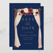 Boho Navy Marsala Blume Arch Gold Floral Save The Date (Vorne/Hinten)