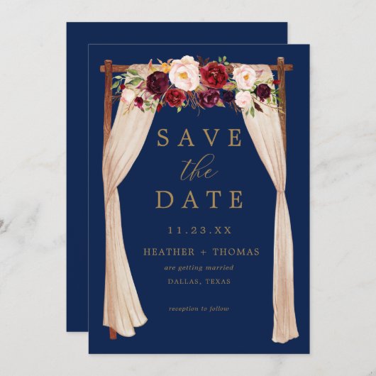 Boho Navy Marsala Blume Arch Gold Floral Save The Date (Vorne/Hinten)