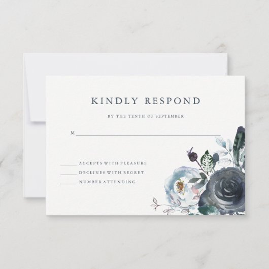 Boho Navy Peony Floral Wedding RSVP Karte (Vorderseite)