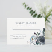 Boho Navy Peony Floral Wedding RSVP Karte (Stehend Vorderseite)