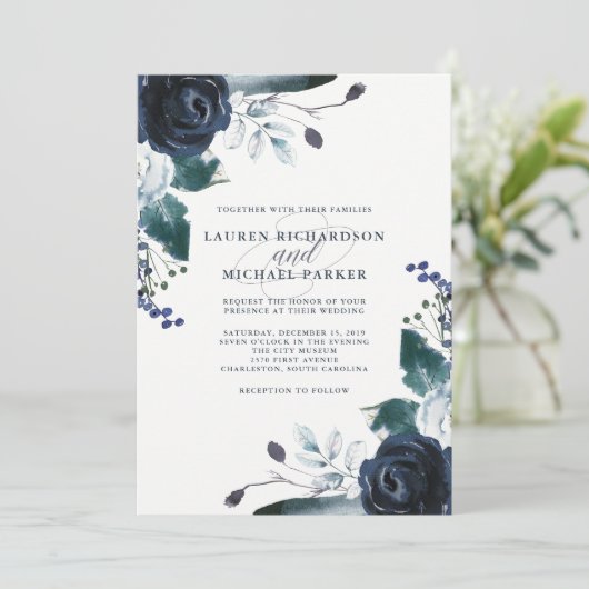 Boho Navy Peony| Hochzeit Einladung (Stehend Vorderseite)