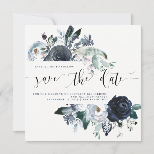 Boho Navy Peony Wedding Save the Date (Vorderseite)