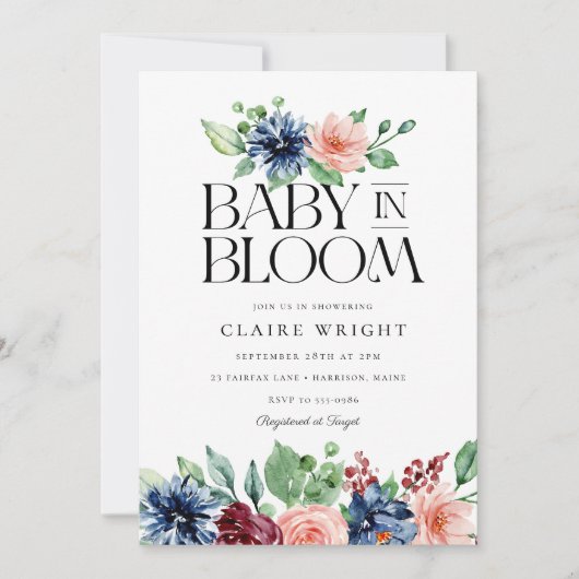 Boho Navy Pink Floral Baby in Bloom Baby Shower Einladung (Vorderseite)