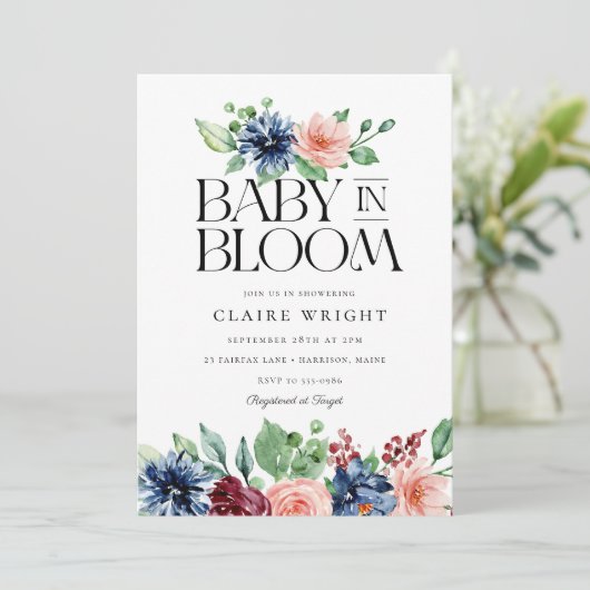 Boho Navy Pink Floral Baby in Bloom Baby Shower Einladung (Stehend Vorderseite)