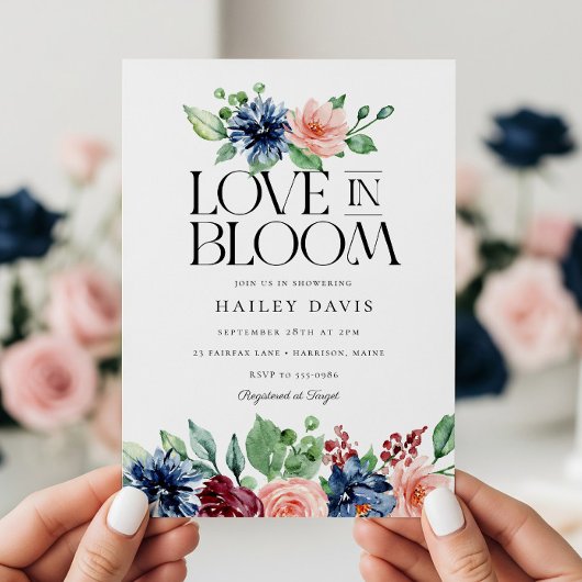 Boho Navy Pink Floral Love in Bloom Bridal Shower Einladung