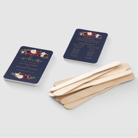 Boho Navy und Gold Floral Wedding Program Fans Fächer (Non-assembled)