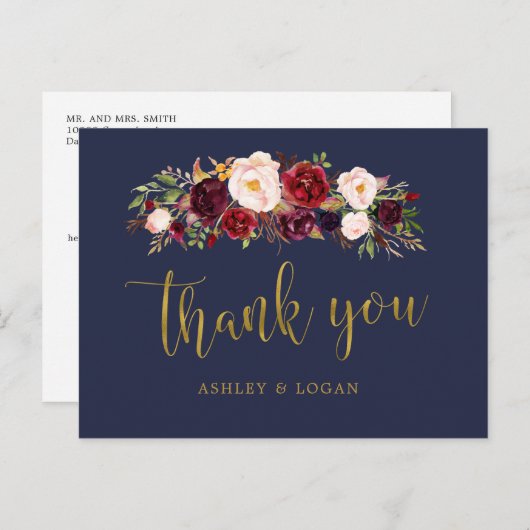 Boho Navy und Gold Floral Wedding Vielen Dank Postkarte (Vorne/Hinten)