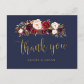 Boho Navy und Gold Floral Wedding Vielen Dank Postkarte (Vorderseite)