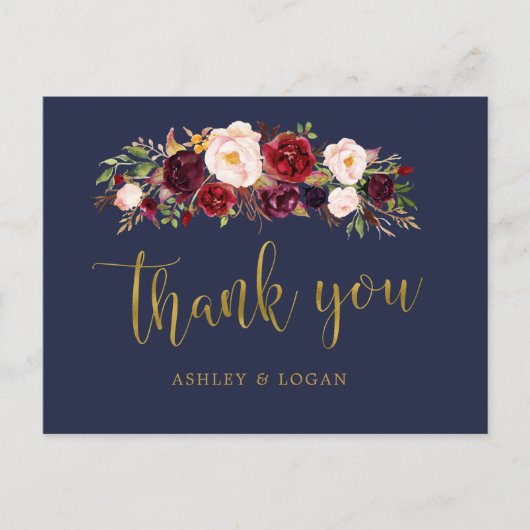 Boho Navy und Gold Floral Wedding Vielen Dank Postkarte (Vorderseite)