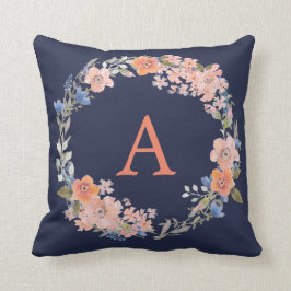 Boho Navy und Peach Monogram Floral Wreath Pillow Kissen
