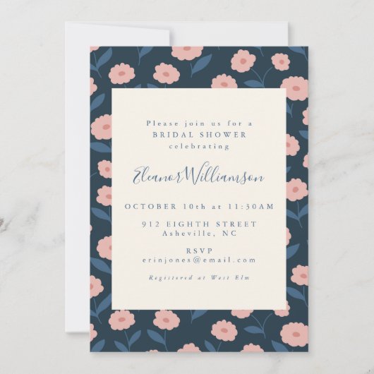 Boho Navy und Rosa Blume Brautparty Einladung (Vorderseite)