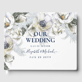 BOHO Navy White Floral Pampas Grass Wedding Gästebuch
