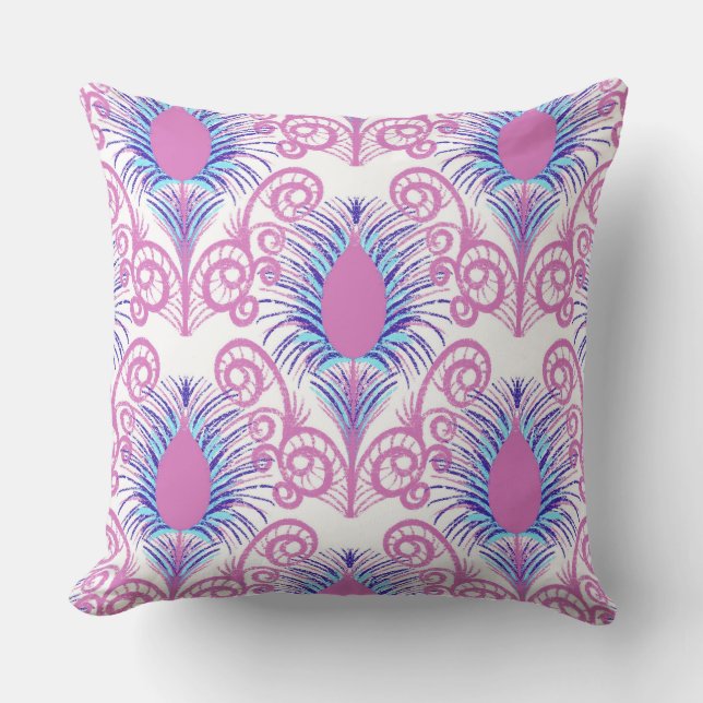 Boho Neon Pink Jewel Tone Peacock Feather Kissen (Vorderseite)