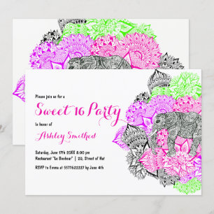 Boho Neon Rosa Blumenmandala Elefant Sweet 16 Einladung