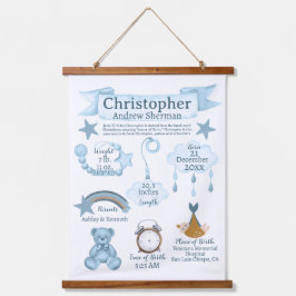 BOHO Neuborn Birth Stats Baby Boy Blue Custom Wandteppich Mit Holzrahmen