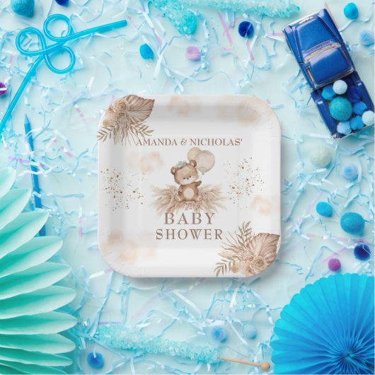 Boho Neutral Baby Shower Teddy Bär Pappteller (Party)