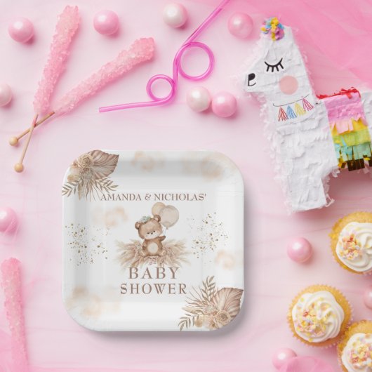Boho Neutral Baby Shower Teddy Bär Pappteller (Party)