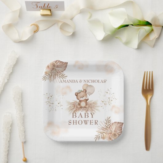 Boho Neutral Baby Shower Teddy Bär Pappteller (Hochzeit)