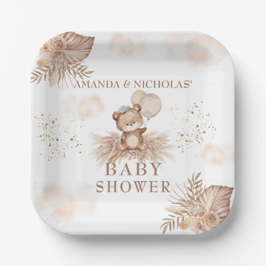 Boho Neutral Baby Shower Teddy Bär Pappteller (Vorderseite)