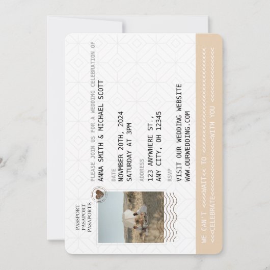 Boho Neutral Beige Passport Hochzeit in Urlaubsort Einladung (Rückseite)