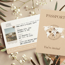 Boho Neutral Beige Passport Hochzeit in Urlaubsort Einladung