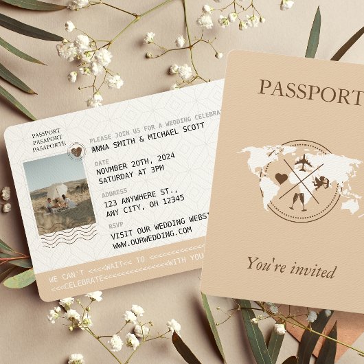 Boho Neutral Beige Passport Hochzeit in Urlaubsort Einladung