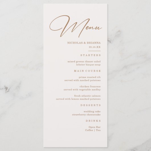 Boho Neutral Champagne Wedding Menu Menükarte (Vorderseite)
