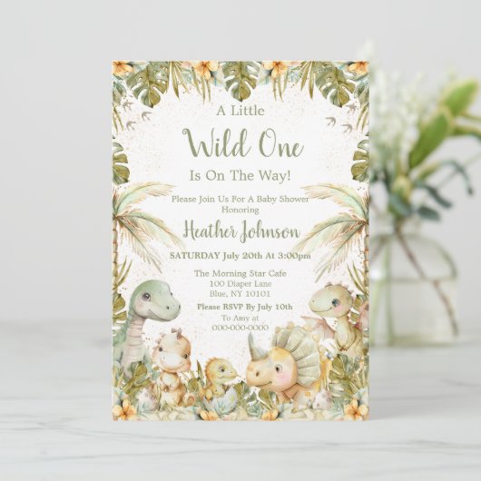 Boho Neutral Dinosaur Babydusche Einladung (Stehend Vorderseite)