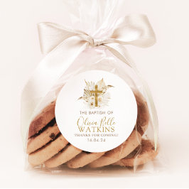 Boho Neutral Dried Palm Floral Taufe Christening Runder Aufkleber