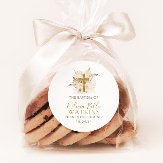 Boho Neutral Dried Palm Floral Taufe Christening Runder Aufkleber