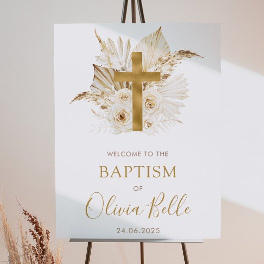 Boho Neutral Dried Palm Floral Taufen Willkommen Poster