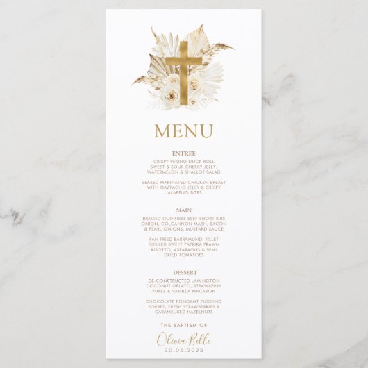 Boho Neutral Dried Palm Taufe Weihnachtsmenü Menükarte (Vorderseite)
