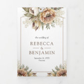 Boho Neutral Earthy Floral Taupe QR Code Hochzeit Dreifach Gefaltete Einladung (Cover)