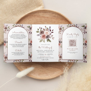 Boho Neutral Earthy Taupe Floral QR Code Hochzeit Dreifach Gefaltete Einladung