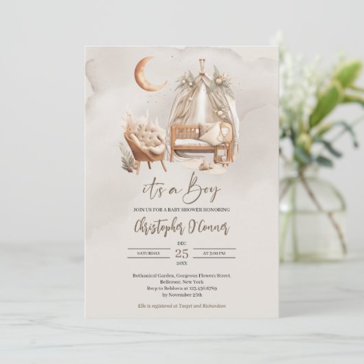 Boho neutral erthy Kinderzimmer nook Junge Dusche Einladung (Stehend Vorderseite)