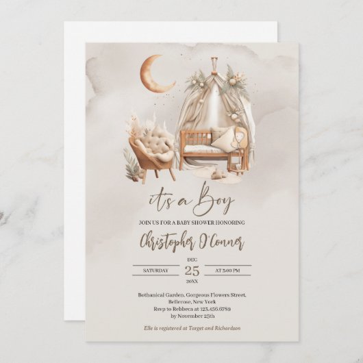 Boho neutral erthy Kinderzimmer nook Junge Dusche Einladung (Vorne/Hinten)