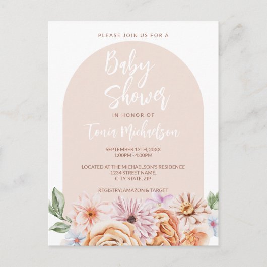 Boho Neutral Floral Baby Shower Postkarte (Vorderseite)