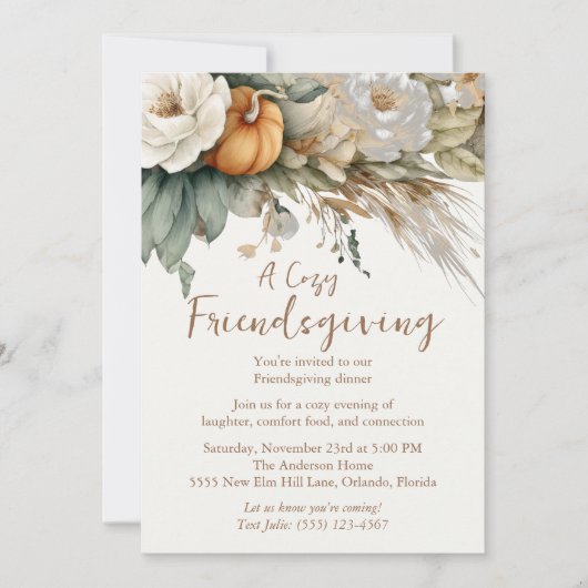 Boho Neutral Floral Pumpkins QR Code Friendsgiving Einladung (Vorderseite)