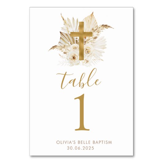 Boho Neutral Floral Taufen Tischnummern (Vorderseite)
