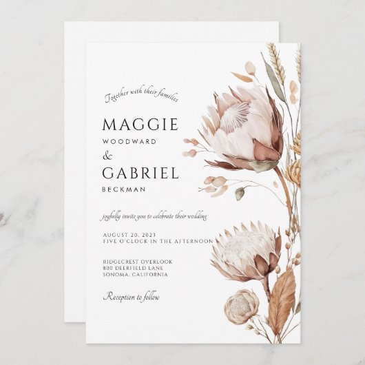 Boho Neutral Floral Wedding Einladung (Vorne/Hinten)