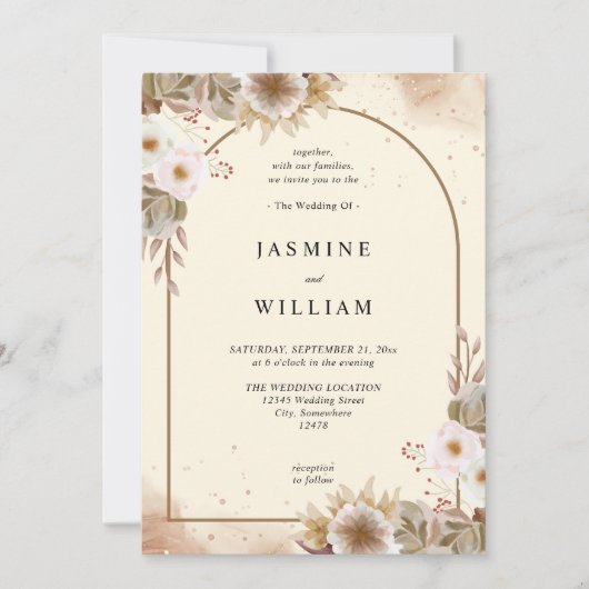 Boho Neutral Floral Wedding Einladung (Vorderseite)