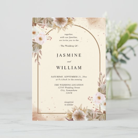 Boho Neutral Floral Wedding Einladung (Stehend Vorderseite)