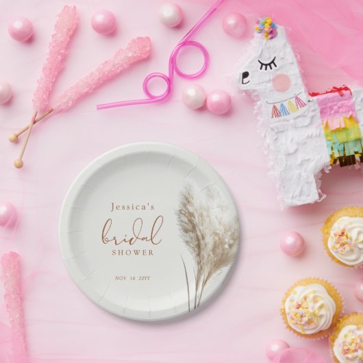 Boho Neutral Fluffy Pampas Grass Brautparty Pappteller (Party)