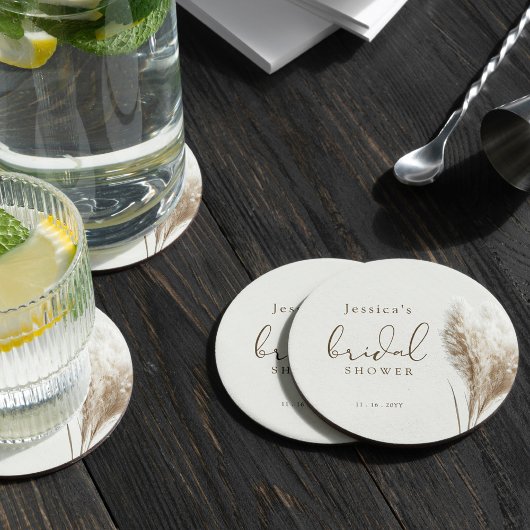 Boho Neutral Fluffy Pampas Grass Brautparty Runder Pappuntersetzer